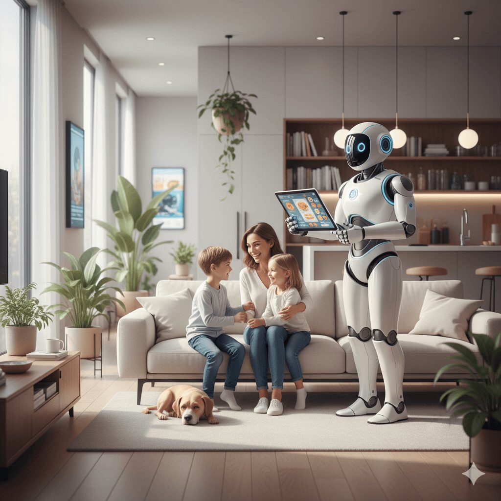 Family using AI-powered home assistant robot for daily tasks.&rdquo;