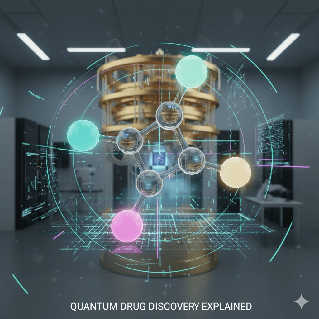 &ldquo;A 9D ultra-realistic, beginner-friendly illustration of a quantum computer&rsquo;s cooling chamber. Show a simple gold tiered cooling structure hanging from the top with neat superconducting wires and tubes. Soft blue cryogenic mist surrounds the lower part, clearly showing extreme cold but in a friendly, easy-to-understand way. A small glowing quantum chip at the bottom emits gentle neon lines upward, symbolizing how quantum hardware needs special cooling to function. Clean background, soft lighting, minimal distractions, modern educational style. Alt text: &lsquo;Quantum Computing Explained in Simple Words quantum hardware cooling chamber.&rsquo;&rdquo;