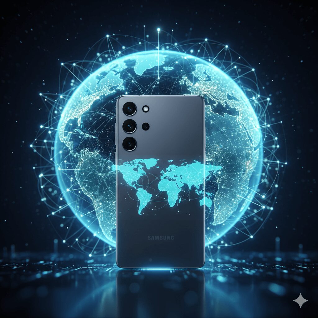 A futuristic image showing a globe connected by glowing lines