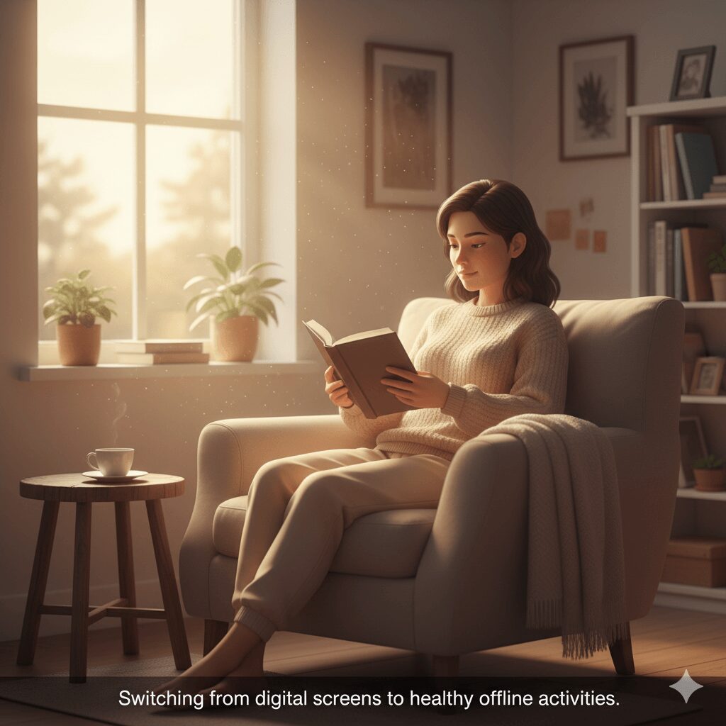 Switching from digital screens to healthy offline activities.
