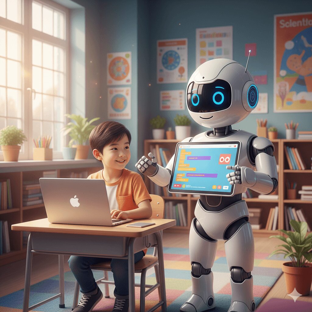 Student learning coding basics with a humanoid educational robot in classroom.&rdquo;