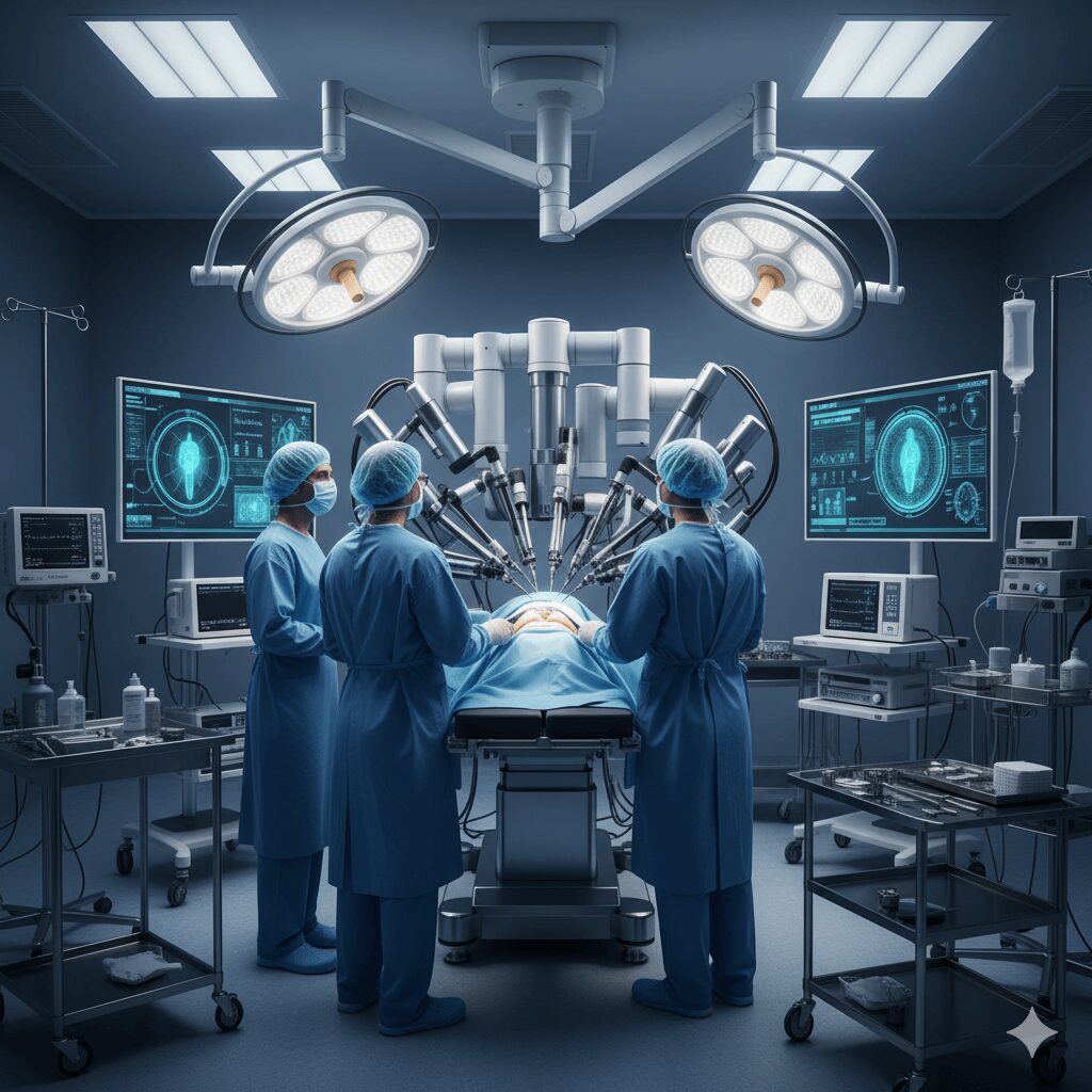 Robotic arms assisting surgeons in a high-precision operation.&rdquo;