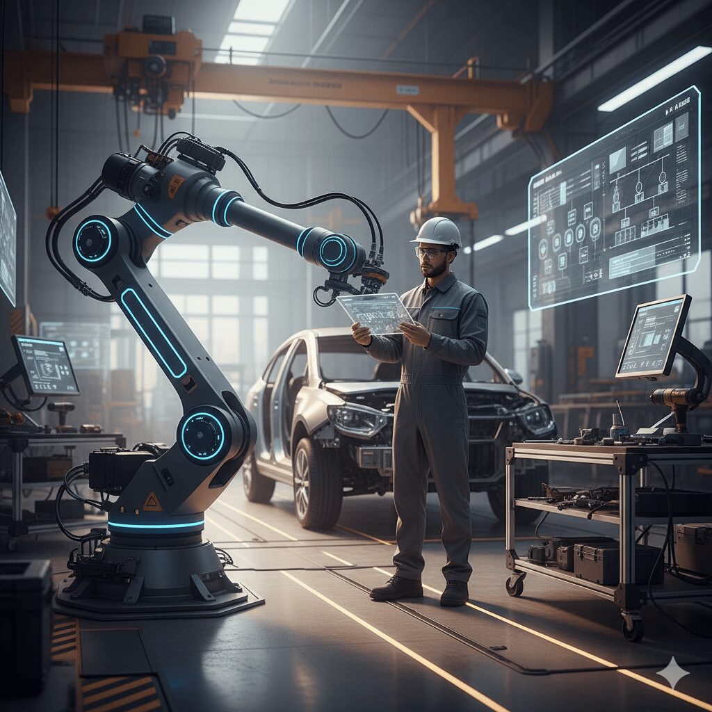 Collaborative robot assisting a human in car assembly at an automotive factory.&rdquo;