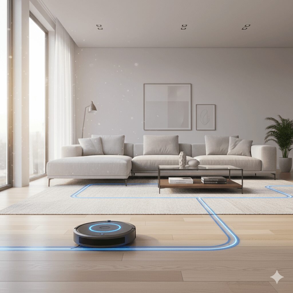 Smart home cleaning robot navigating around furniture.