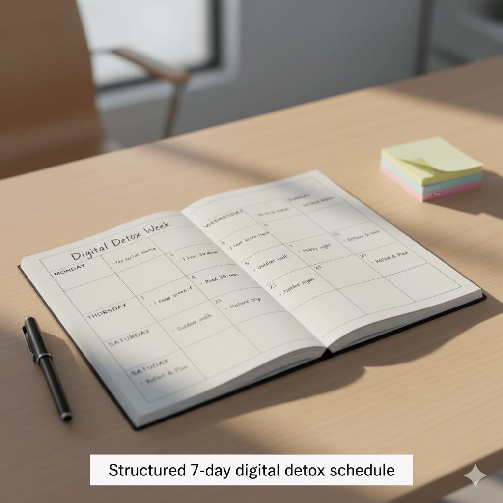 Structured 7-day digital detox schedule.&rdquo;