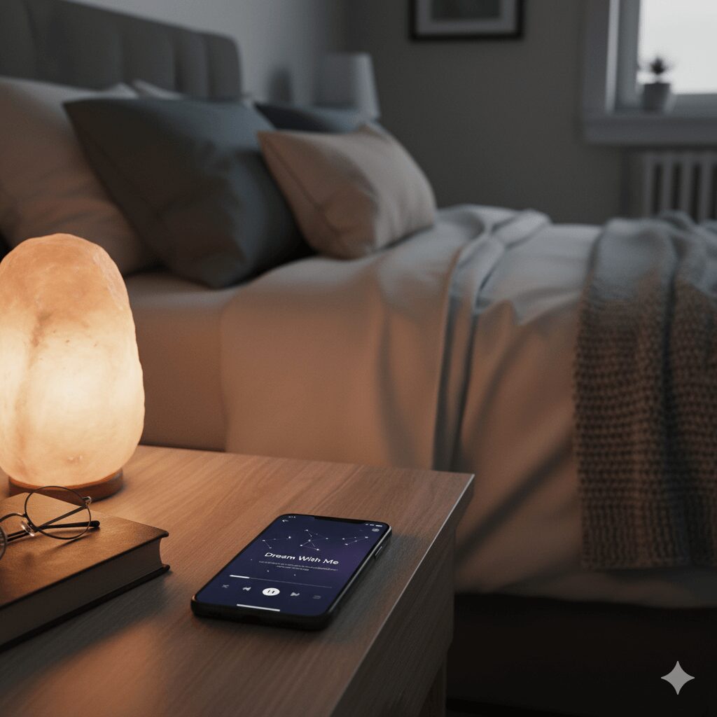 A cozy bedroom scene with a phone on a nightstand showing the Calm app's interface, playing a sleep story.