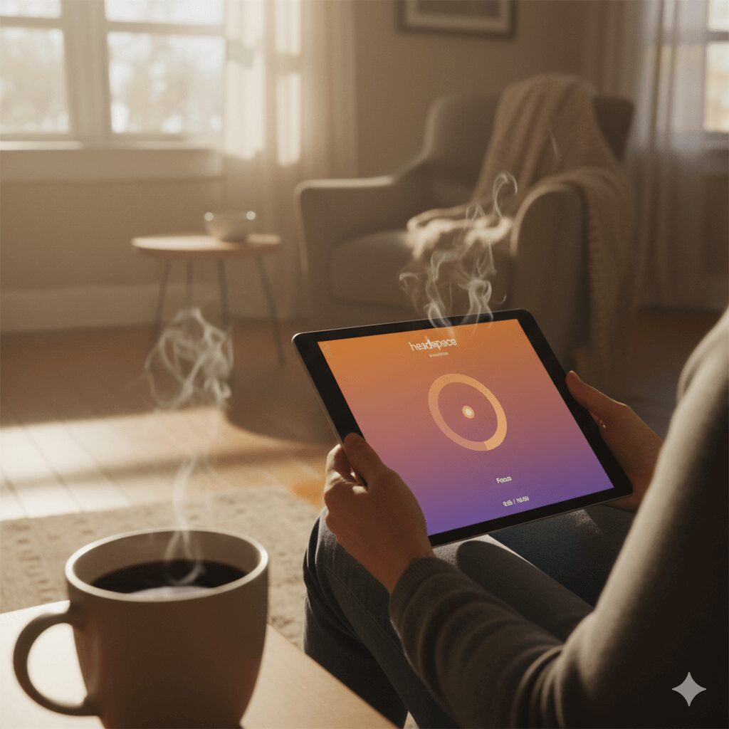 A serene image of a person sitting peacefully with their morning coffee, using the Headspace app on their tablet.