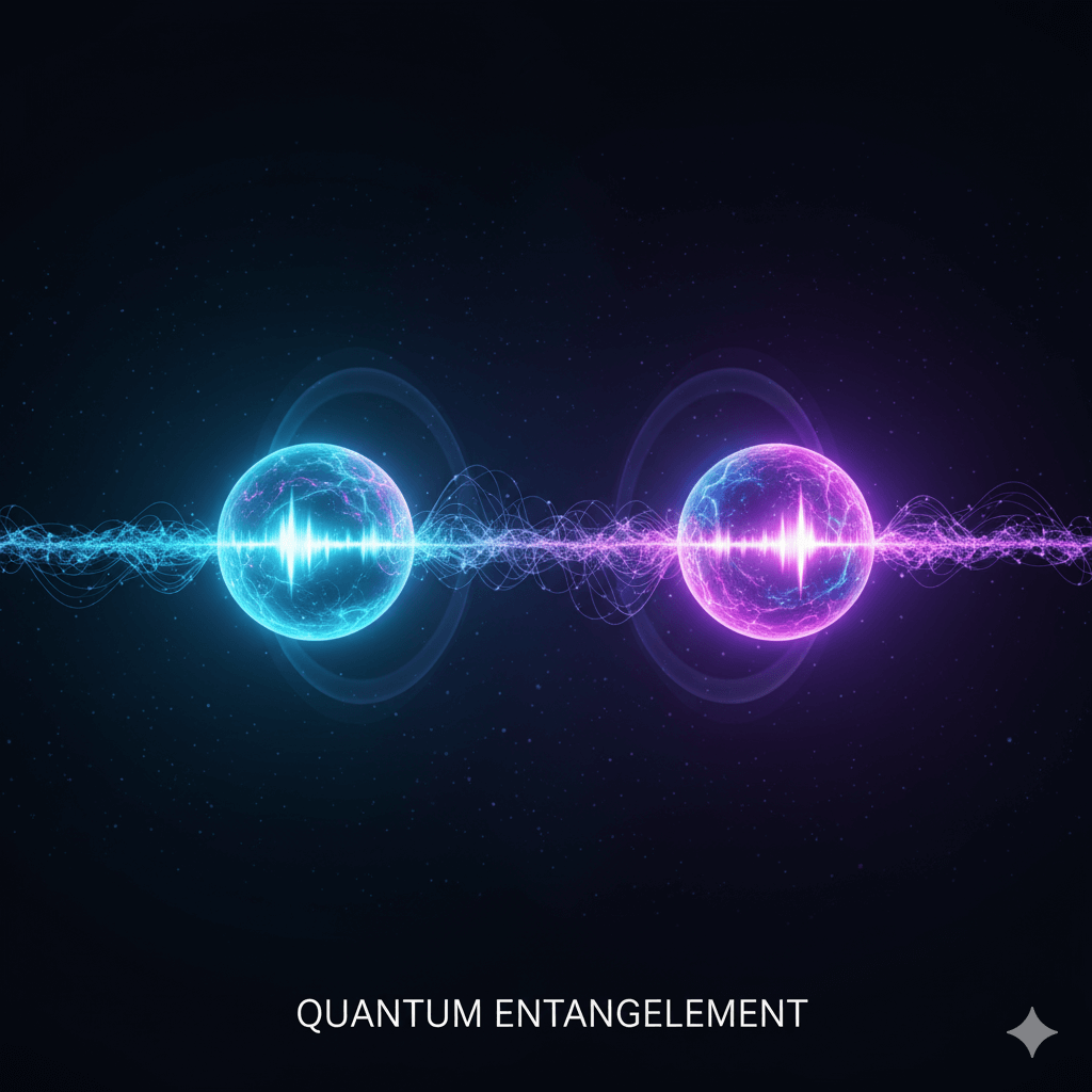 Concept of entanglement where two particles react instantly.