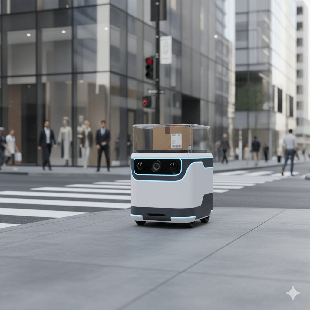 &ldquo;Autonomous delivery robot transporting package through urban area.