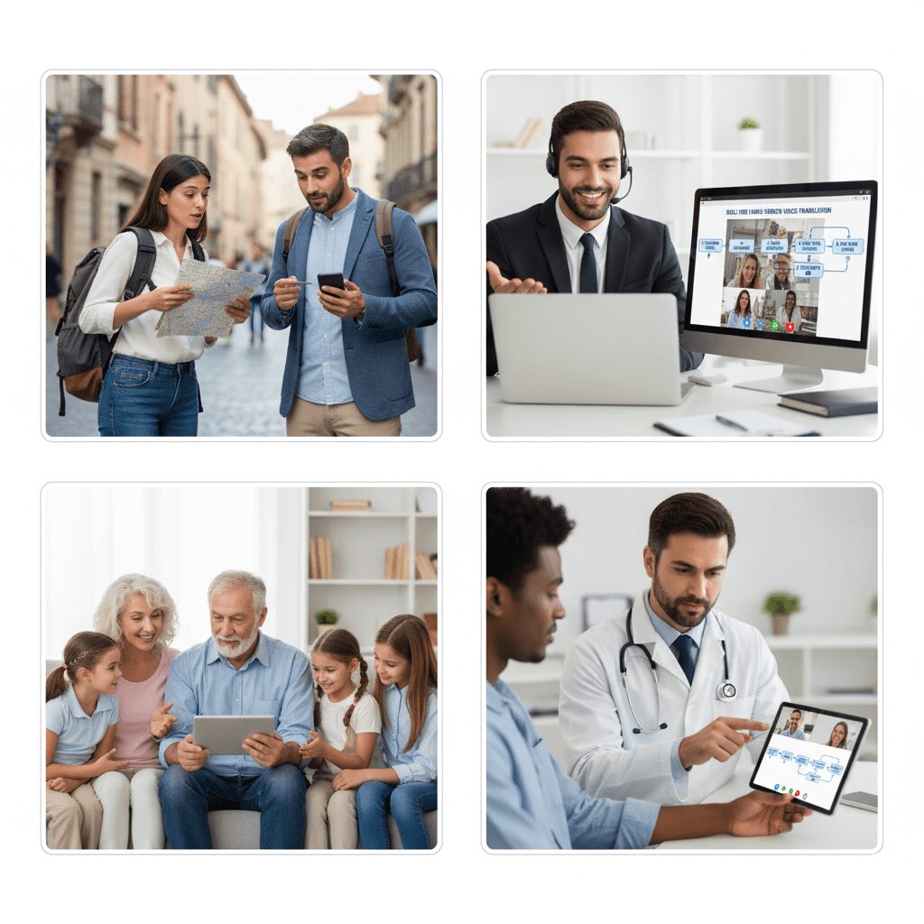 A collage of four smaller images: a tourist asking for directions