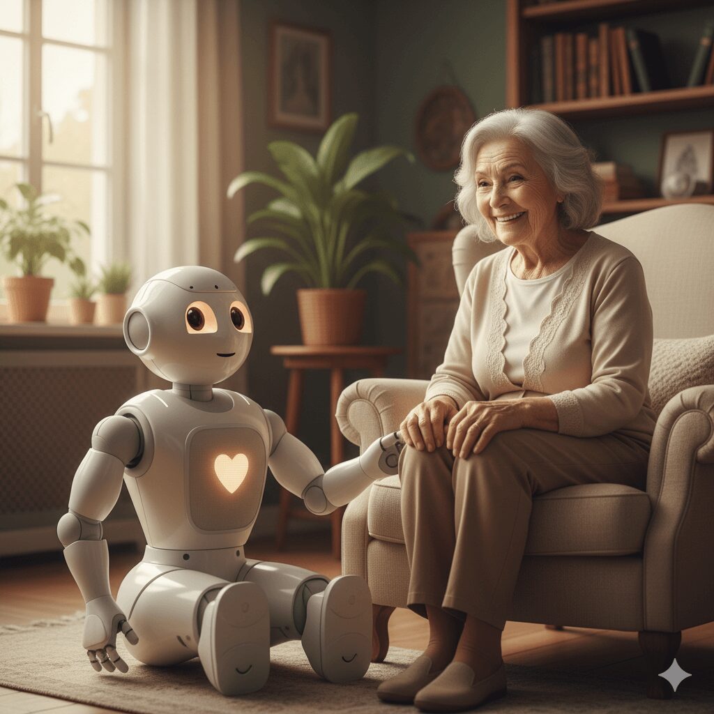 Companion robot providing emotional support to elderly woman.&rdquo;