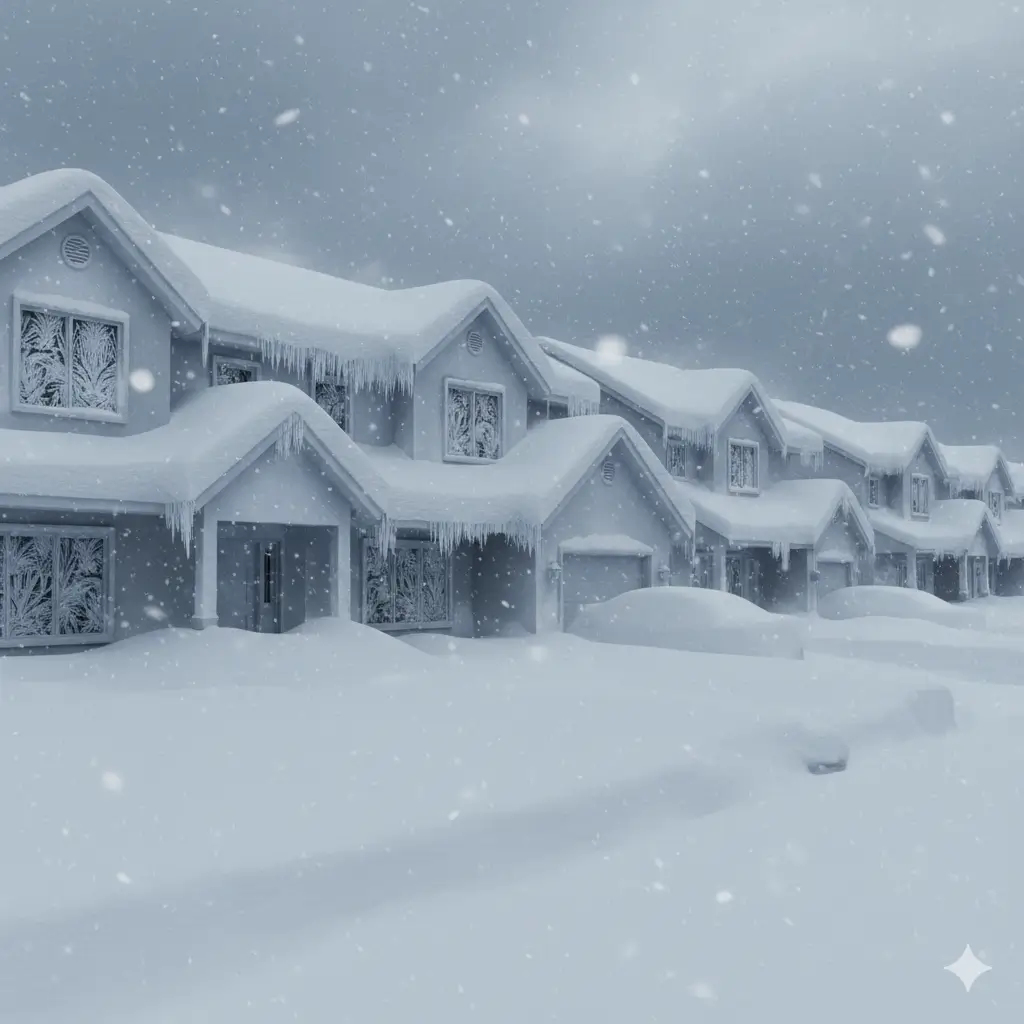 Snow-covered houses during U.S. Weather Emergency