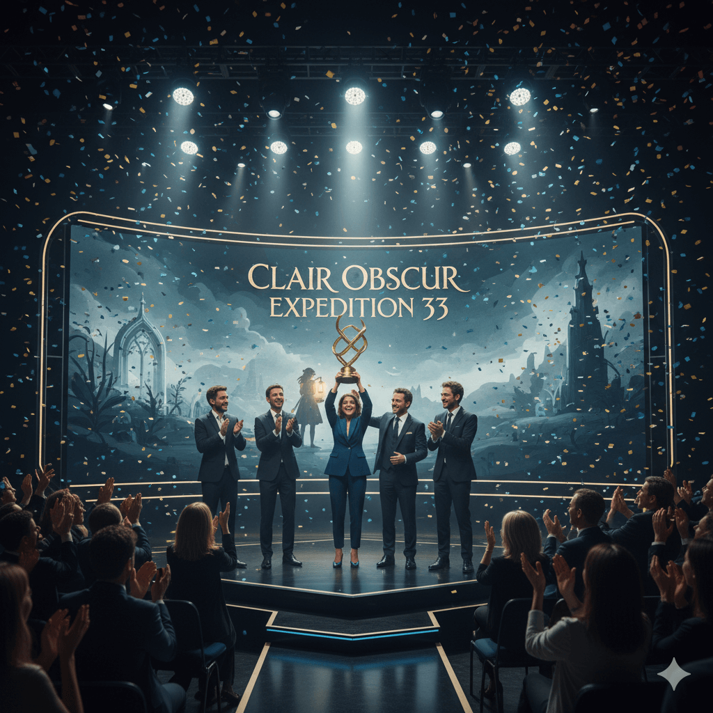 Clair Obscur Expedition 33 celebrating win on stage