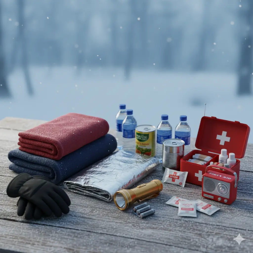 Emergency winter kit with blankets and supplies