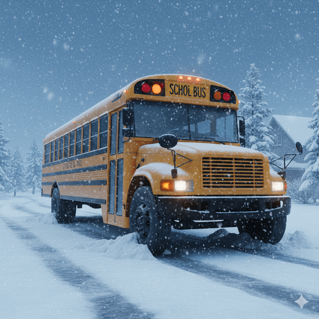 School bus halted on snowy road during U.S. Weather Emergency