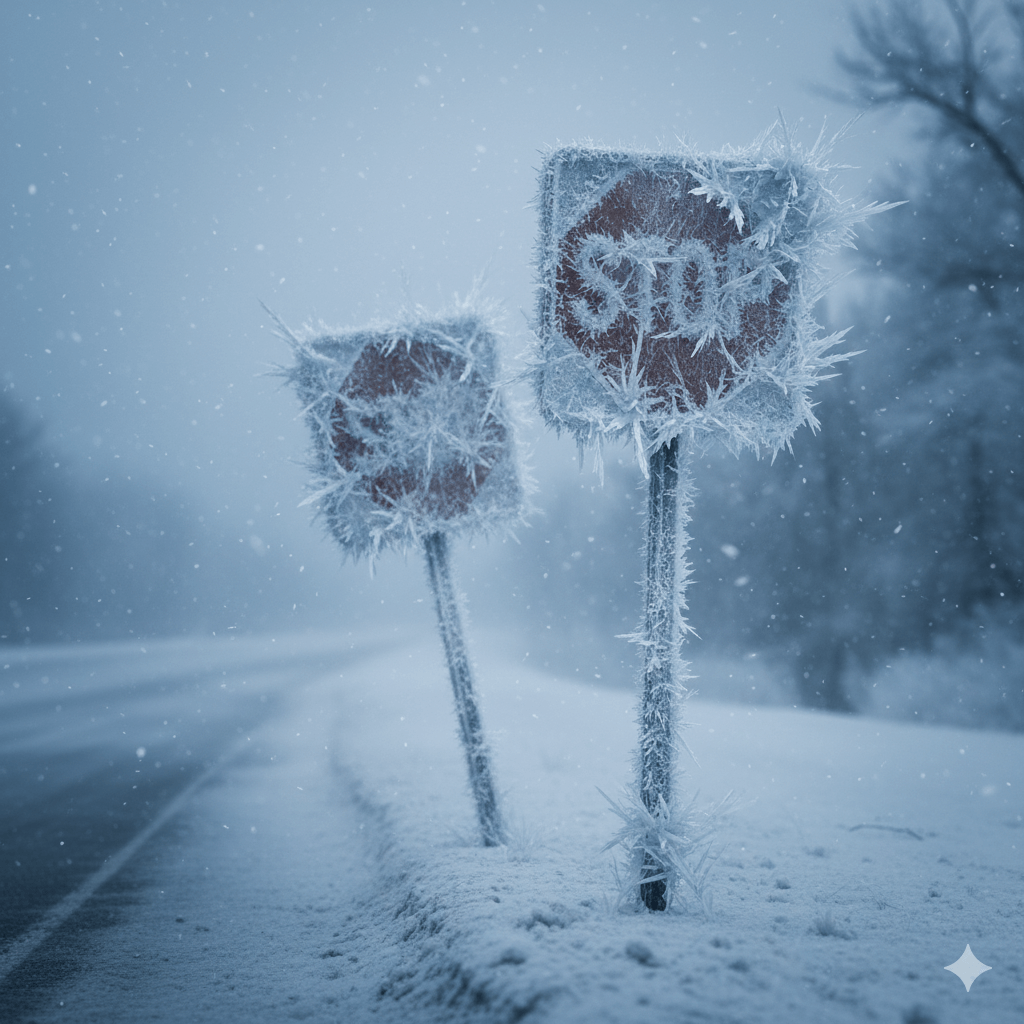 Subzero temperatures causing frost on road signs