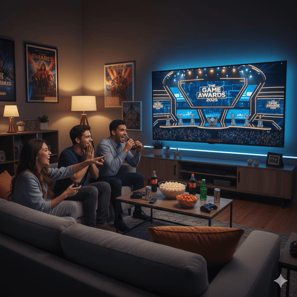 Happy gamers watching The Game Awards 2025 broadcast from home