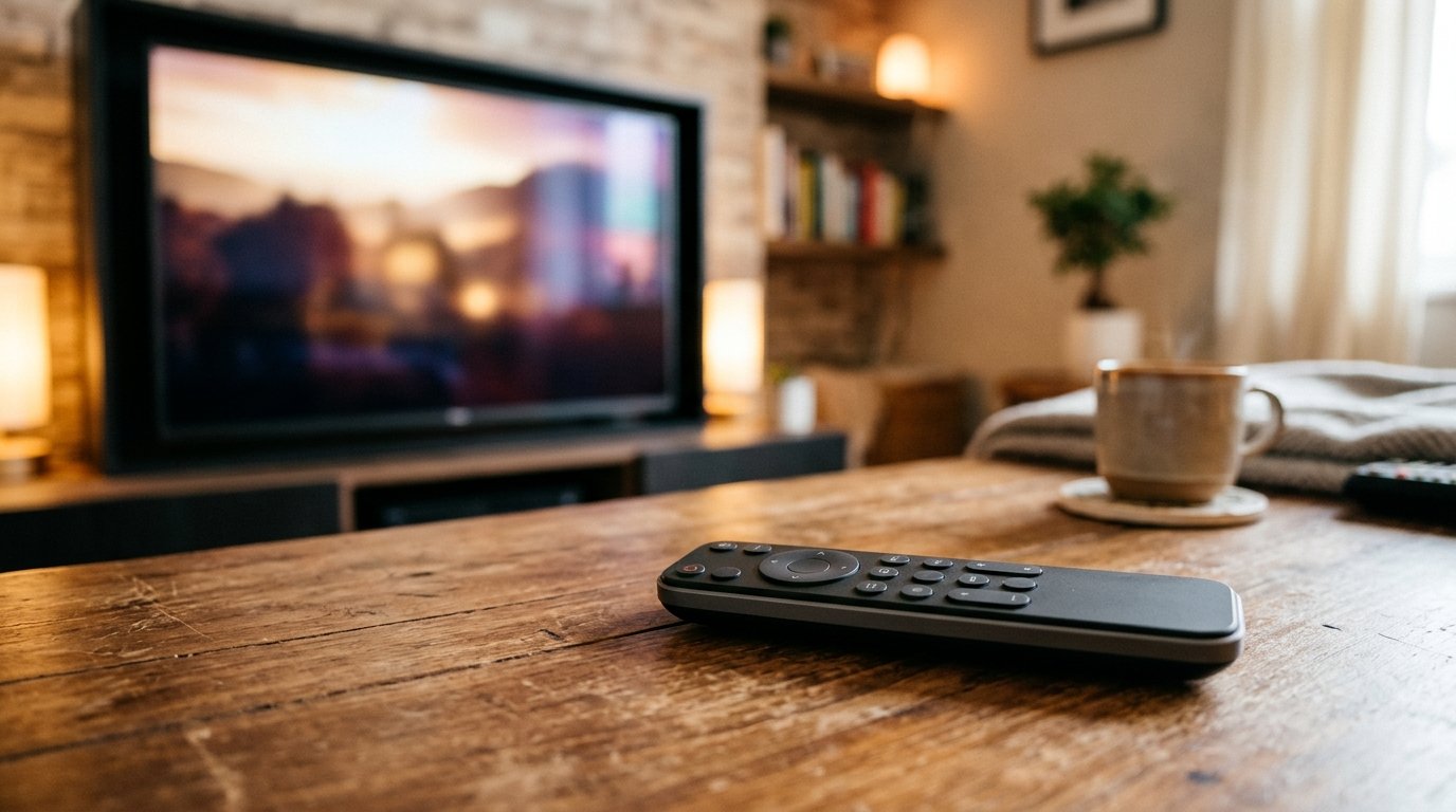 A media streaming remote resting on a coffee table in front of a television