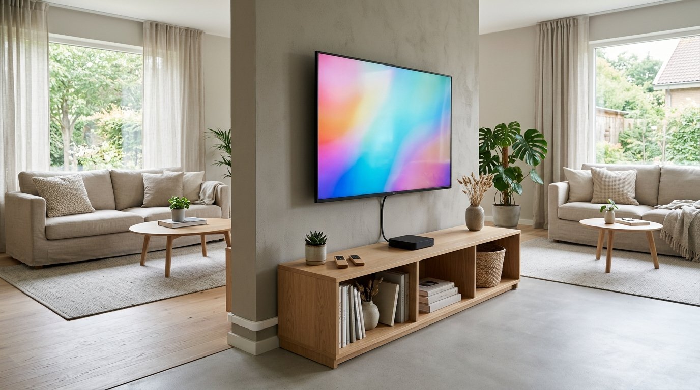 A home entertainment center with a streaming media box and television