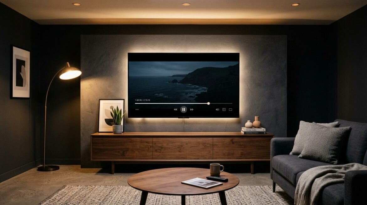 A modern living room television screen displaying streaming media playback