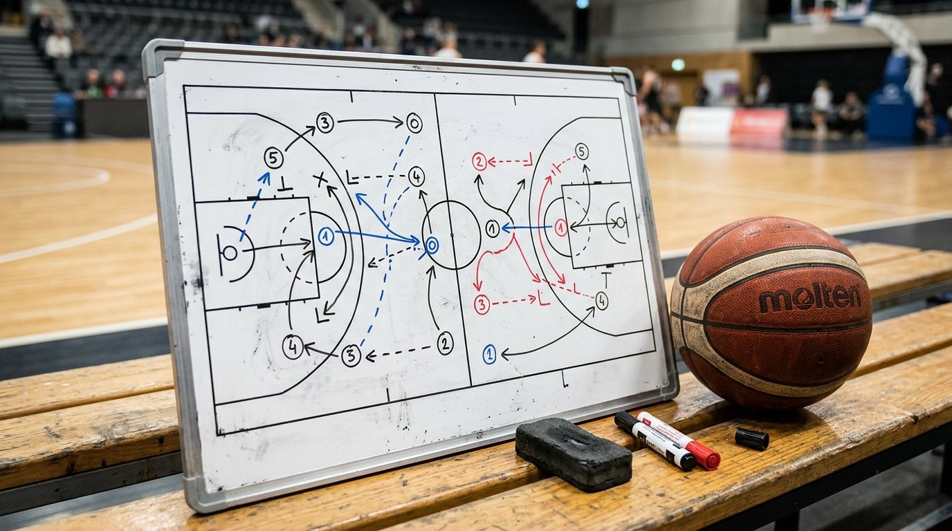 Tactical coaching clipboard with basketball plays drawn on the sideline