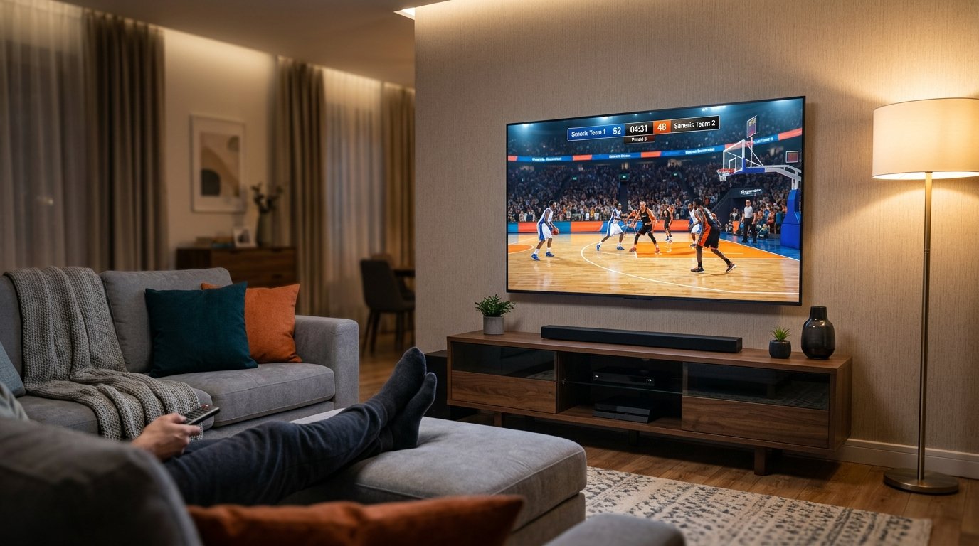 Television screen showing a basketball game broadcast in a modern home