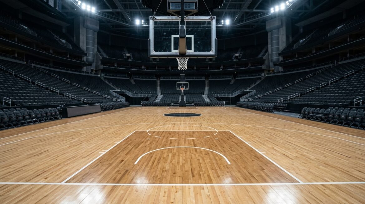 Empty basketball arena court before an NBA regular season game