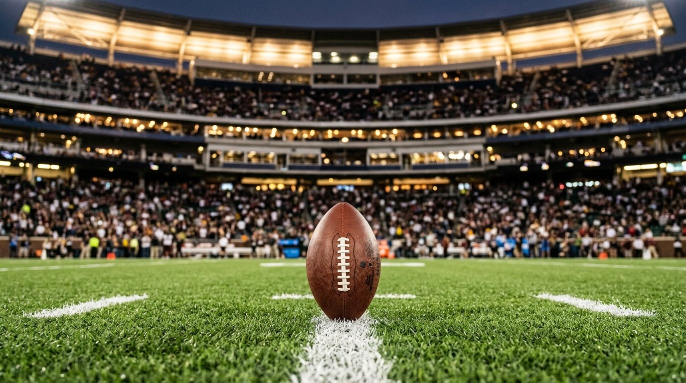 A regulation football resting on the turf at midfield.