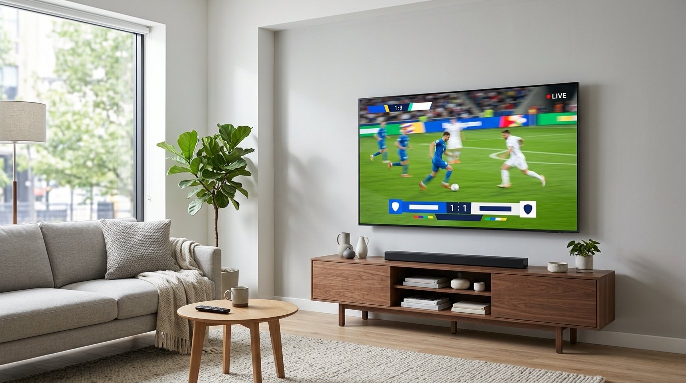 A television displaying a game broadcast in a modern living room.