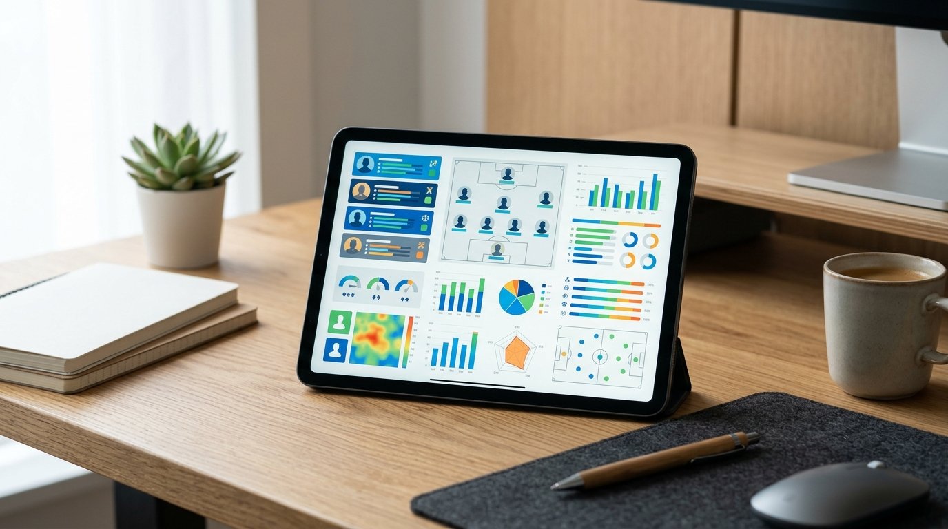Tablet displaying sports rosters and injury statistics on a desk