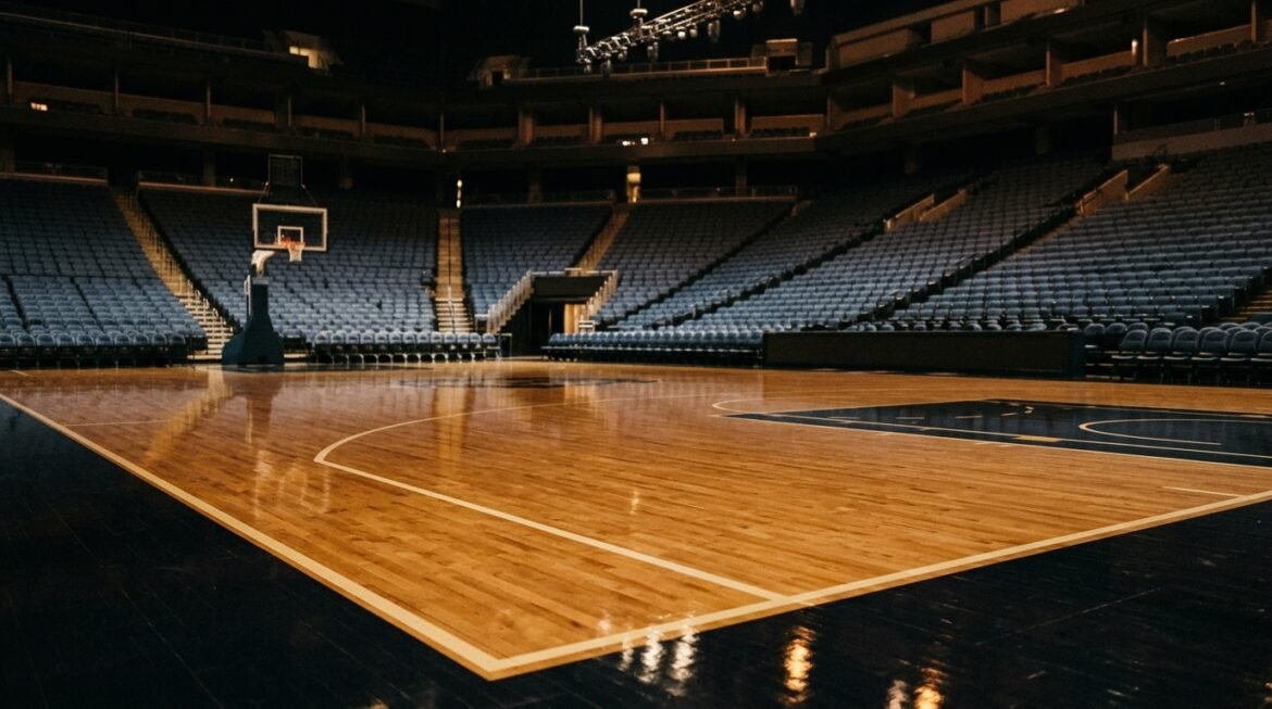 An empty professional basketball court floor under arena lights