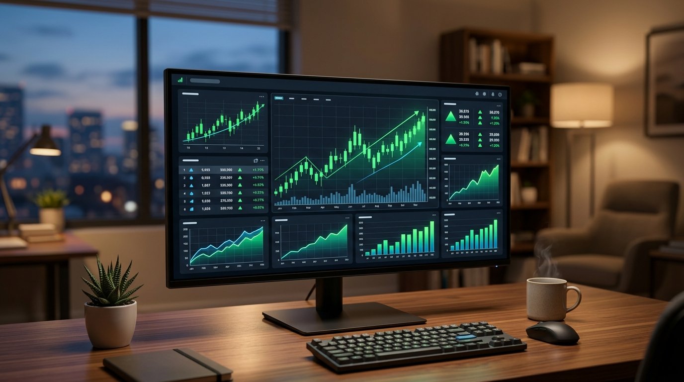 Financial dashboard displaying earnings metrics and market performance charts