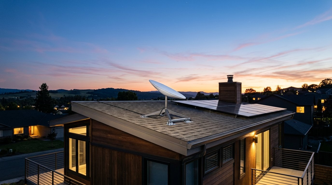 Satellite internet dish terminal mounted on a residential rooftop