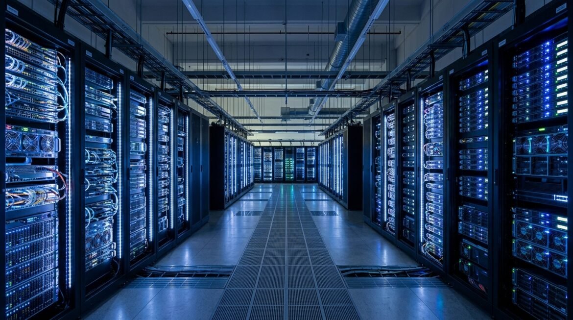 High-density server racks inside an AI data center facility