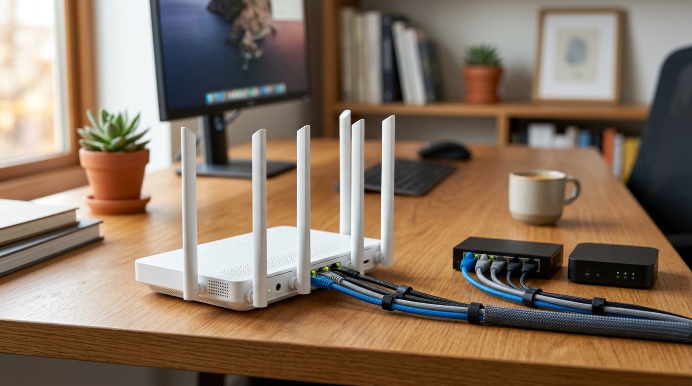 Modern wireless router with ethernet ports on a desk